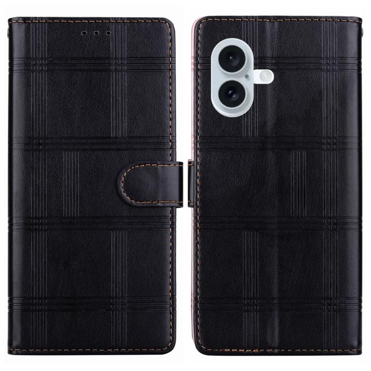 Funda de cuero con relieve a cuadros para iPhone 16 Plus (negra)