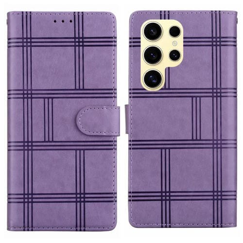 Funda de piel con relieve a cuadros para Samsung Galaxy S25 Ultra 5G (morada)
