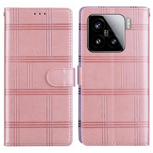 Funda de cuero con relieve a cuadros para Xiaomi 15 (rosa)