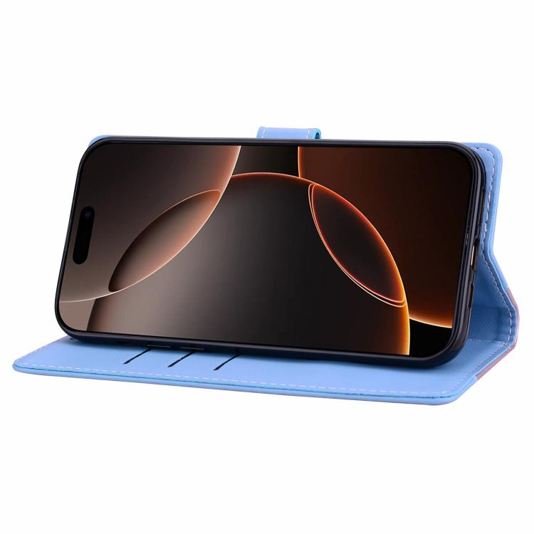 Funda de cuero bicolor con relieve para iPhone 16 Pro Max (rosa y azul)