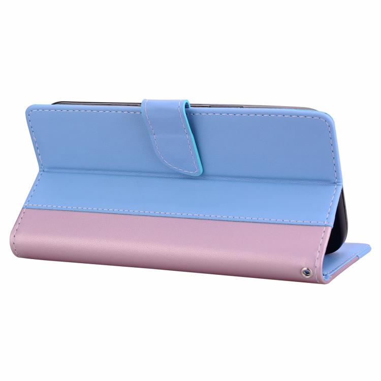 Funda de cuero bicolor con relieve para iPhone 16 Pro Max (rosa y azul)