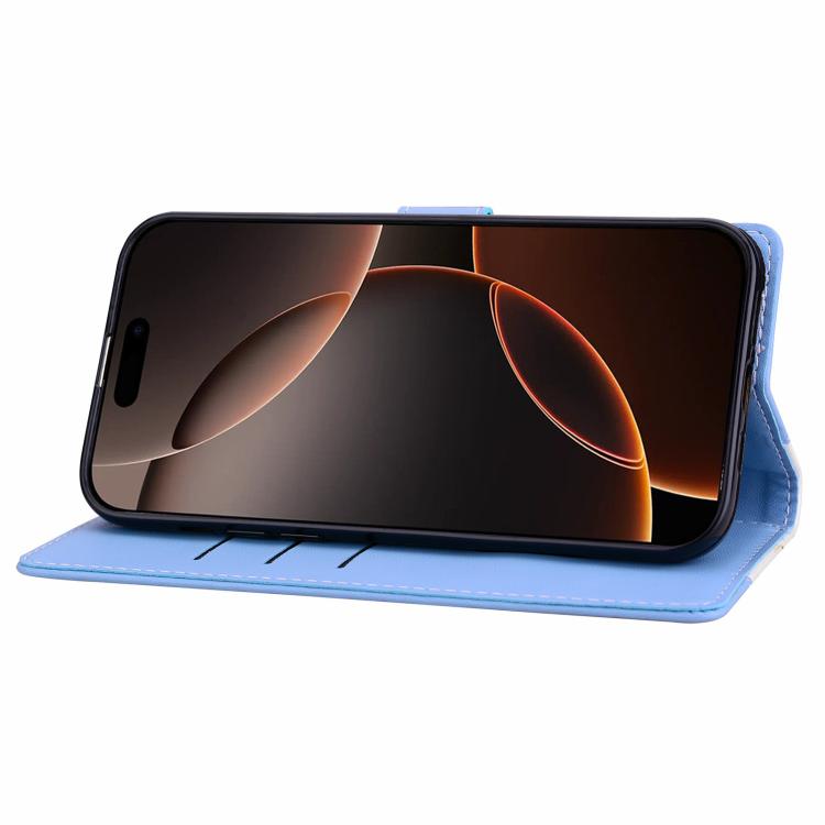 Funda de cuero bicolor con relieve para iPhone 16 Pro Max (blanco y azul)