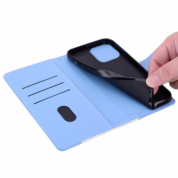 Funda de cuero bicolor con relieve para iPhone 16 Pro Max (blanco y azul)