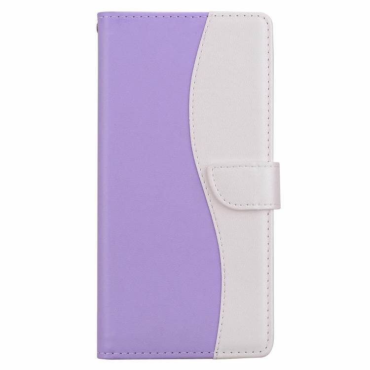 Funda de cuero bicolor con relieve para iPhone 16 Pro Max (morado y blanco)