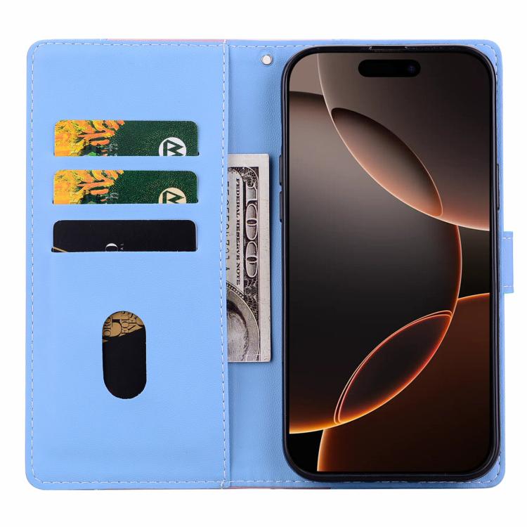 Funda de cuero bicolor con relieve para iPhone 16 Plus (rosa y azul)
