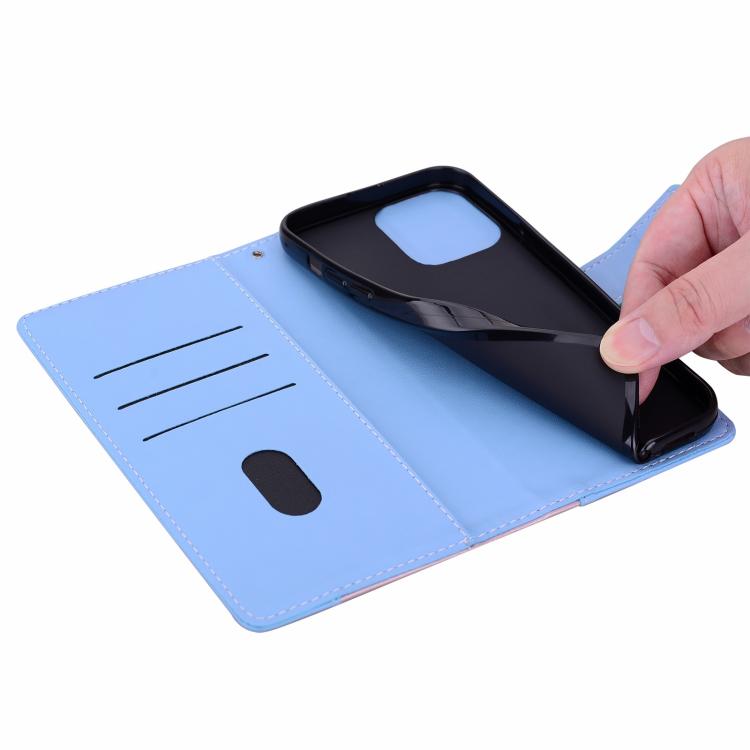Funda de cuero bicolor con relieve para iPhone 16 Plus (rosa y azul)