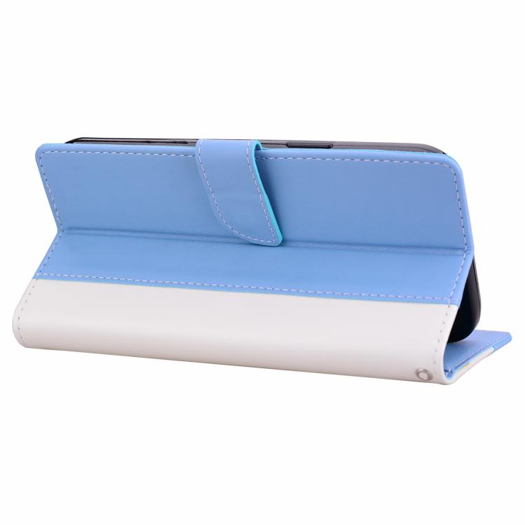 Funda de cuero bicolor con relieve para iPhone 16 Plus (blanco y azul)
