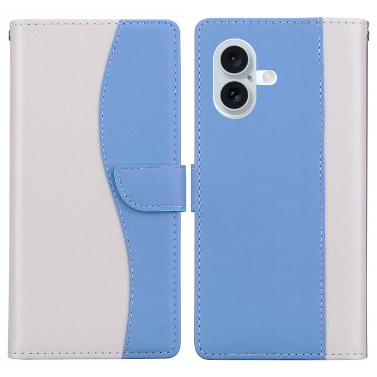 Funda de cuero bicolor con relieve para iPhone 16 (blanco y azul)