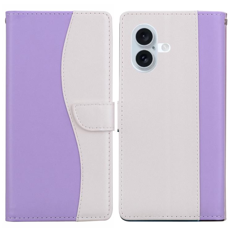 Funda de cuero bicolor con relieve para iPhone 16 (morado y blanco)