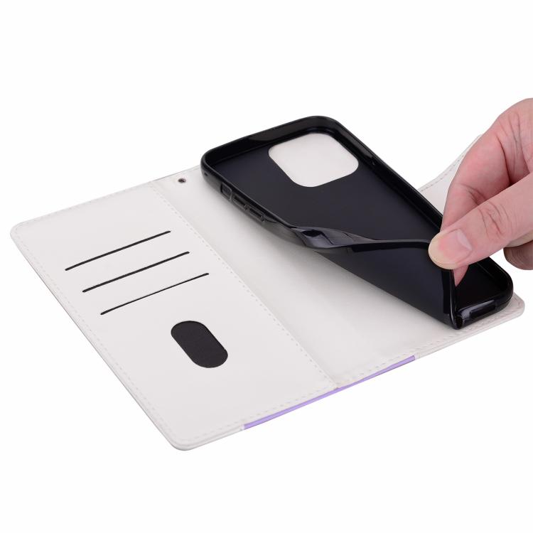 Funda de cuero bicolor con relieve para iPhone 16 (morado y blanco)