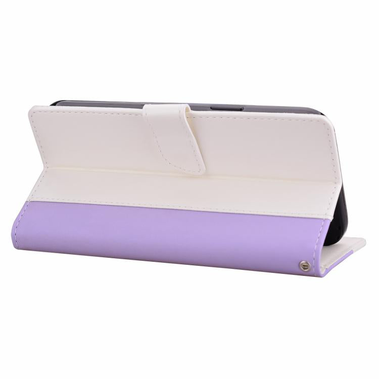 Funda de cuero bicolor con relieve para iPhone 15 Pro Max (morado y blanco)