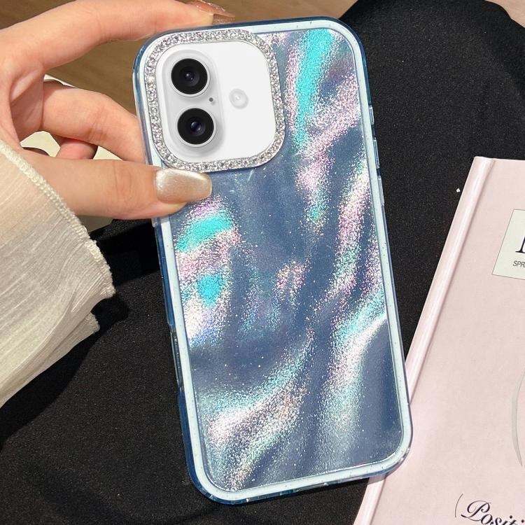 Funda 3 en 1 con diseño de arena movediza y marco de diamante para iPhone 16 Plus (azul)