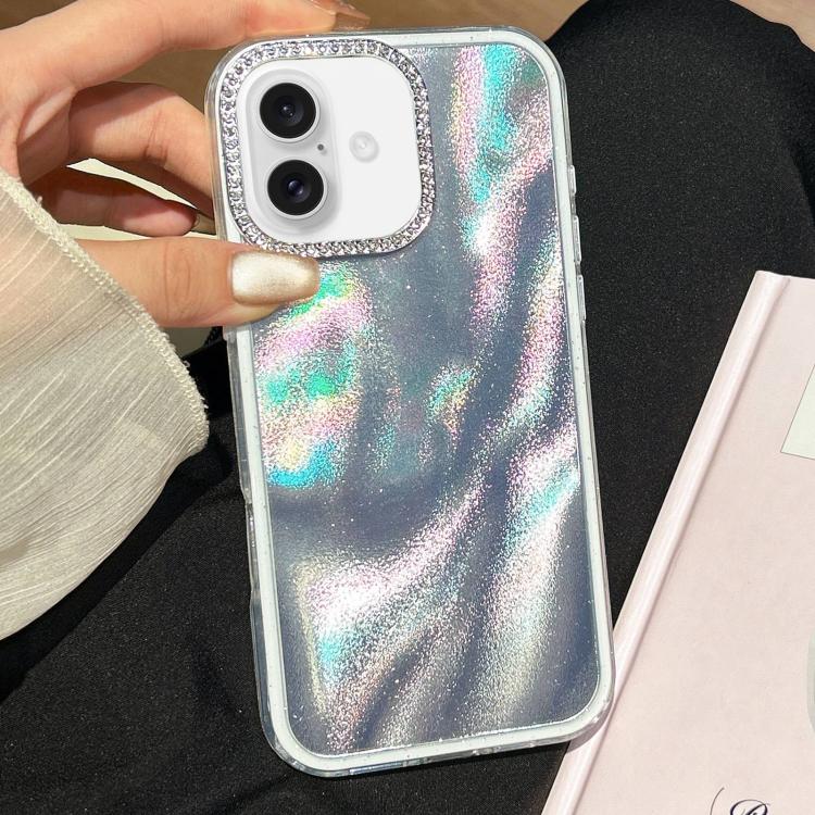 Funda 3 en 1 con diseño de arena movediza y marco de diamante para iPhone 16 (plateada)
