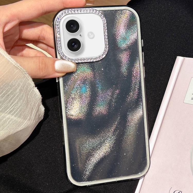 Funda 3 en 1 con diseño de arena movediza y marco de diamante para iPhone 16 (negra)