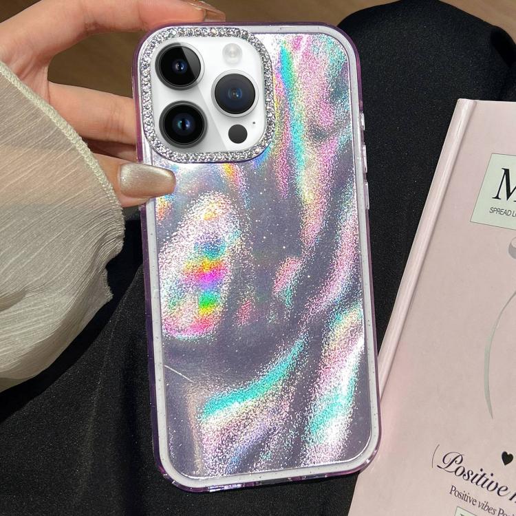 Funda 3 en 1 con diseño de arena movediza y marco de diamante para iPhone 15 Pro Max (morado)