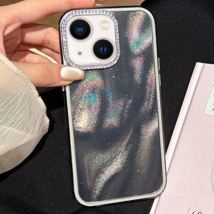Funda 3 en 1 con diseño de arena movediza y marco de diamante para iPhone 15 Plus (negra)