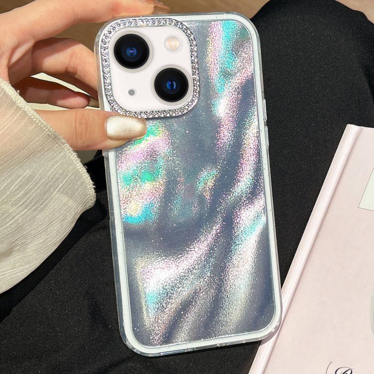 Funda 3 en 1 con diseño de arena movediza y marco de diamante para iPhone 14 Plus (plateada)