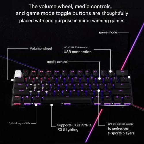 Teclado inalámbrico para juegos Logitech G PRO X 60 LIGHTSPEED, interruptores ópticos GX-T (negro)