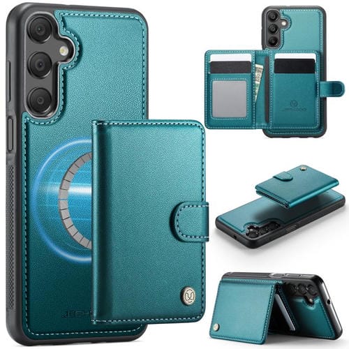 Funda de cuero con hebilla magnética para Samsung Galaxy A16 4G/5G JEEHOOD J09, con ranuras para tarjetas, MagSafe, RFID (verde)