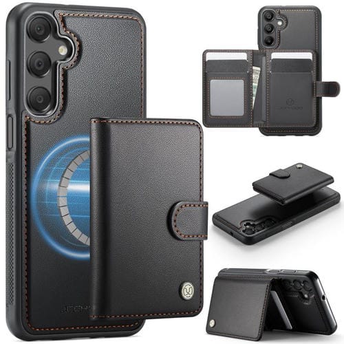 Funda de cuero con hebilla magnética para Samsung Galaxy A16 4G/5G JEEHOOD J09, con ranuras para tarjetas, estilo RFID y MagSafe (negro)