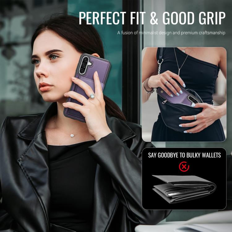 Funda de cuero con hebilla magnética para Samsung Galaxy A56 5G JEEHOOD J09, con ranuras para tarjetas, estilo RFID y MagSafe (morado)
