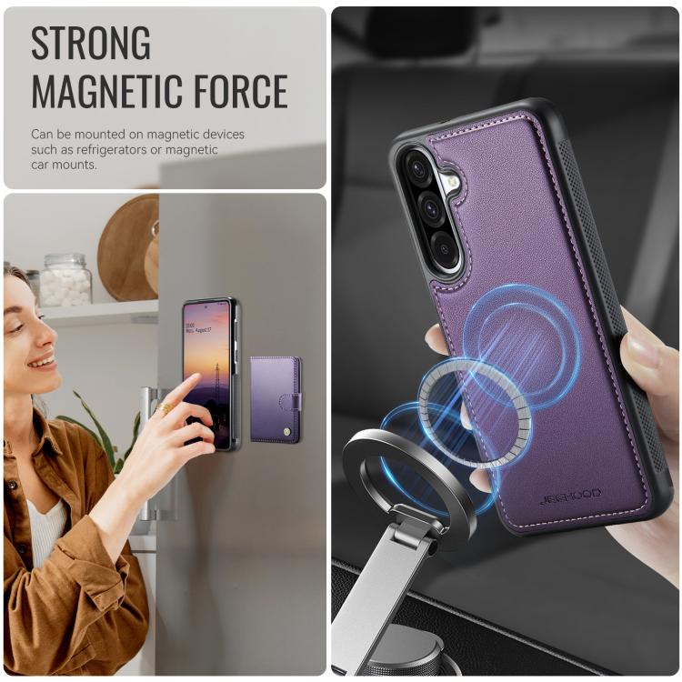 Funda de cuero con hebilla magnética para Samsung Galaxy A56 5G JEEHOOD J09, con ranuras para tarjetas, estilo RFID y MagSafe (morado)