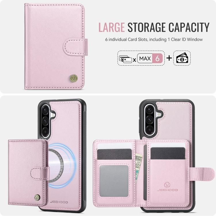 Funda de cuero con hebilla magnética para Samsung Galaxy A56 5G JEEHOOD J09, con ranuras para tarjetas, estilo RFID y MagSafe (rosa)