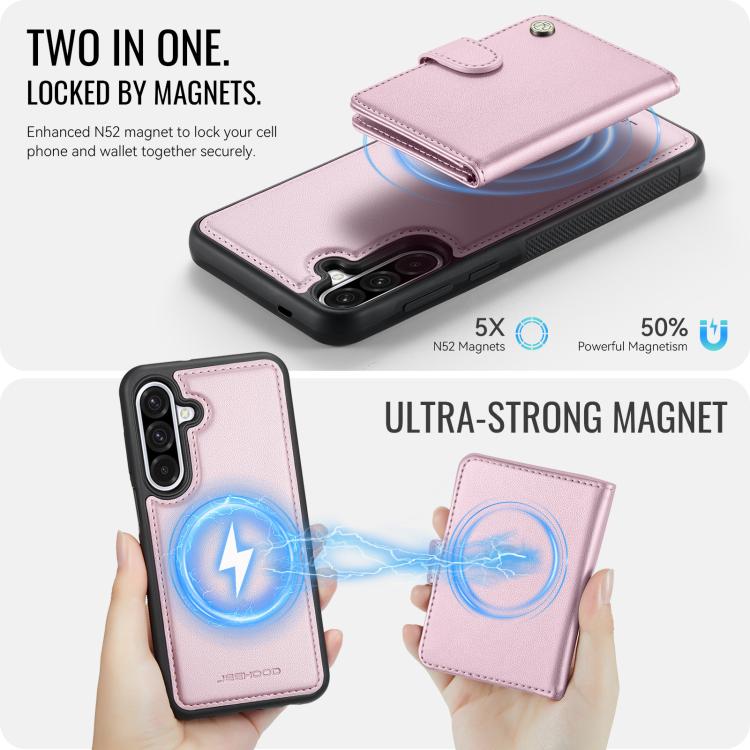 Funda de cuero con hebilla magnética para Samsung Galaxy A56 5G JEEHOOD J09, con ranuras para tarjetas, estilo RFID y MagSafe (rosa)