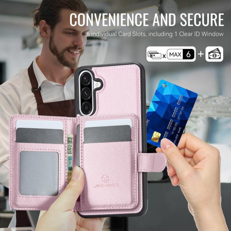 Funda de cuero con hebilla magnética para Samsung Galaxy A56 5G JEEHOOD J09, con ranuras para tarjetas, estilo RFID y MagSafe (rosa)