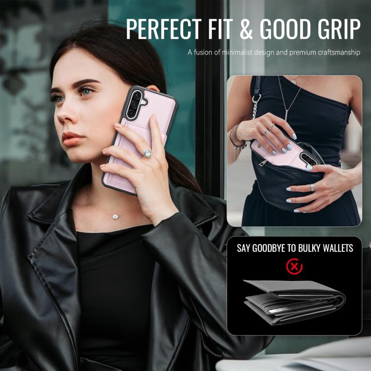 Funda de cuero con hebilla magnética para Samsung Galaxy A56 5G JEEHOOD J09, con ranuras para tarjetas, estilo RFID y MagSafe (rosa)