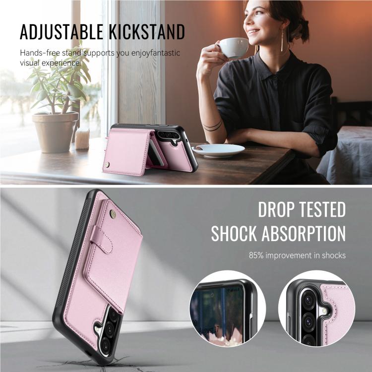 Funda de cuero con hebilla magnética para Samsung Galaxy A56 5G JEEHOOD J09, con ranuras para tarjetas, estilo RFID y MagSafe (rosa)