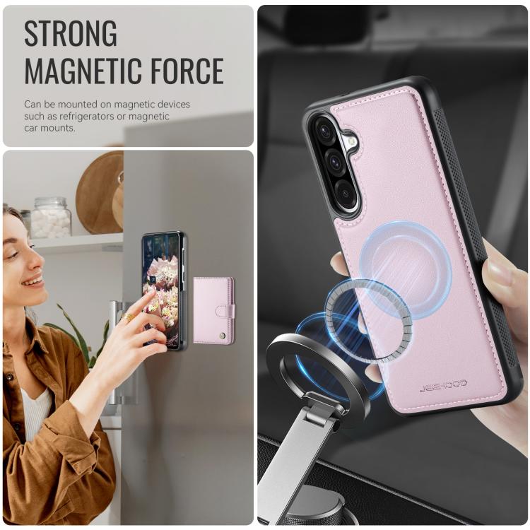 Funda de cuero con hebilla magnética para Samsung Galaxy A56 5G JEEHOOD J09, con ranuras para tarjetas, estilo RFID y MagSafe (rosa)
