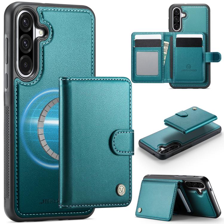 Funda de cuero con hebilla magnética para Samsung Galaxy A56 5G JEEHOOD J09, con ranuras para tarjetas, MagSafe, RFID (verde)