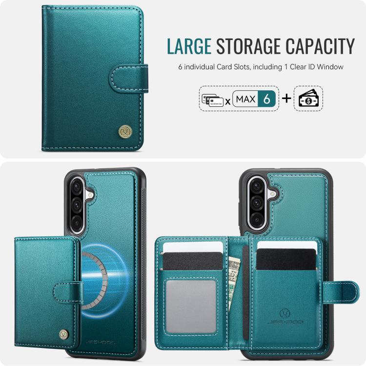 Funda de cuero con hebilla magnética para Samsung Galaxy A56 5G JEEHOOD J09, con ranuras para tarjetas, MagSafe, RFID (verde)