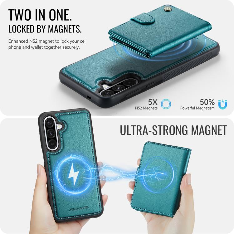 Funda de cuero con hebilla magnética para Samsung Galaxy A56 5G JEEHOOD J09, con ranuras para tarjetas, MagSafe, RFID (verde)