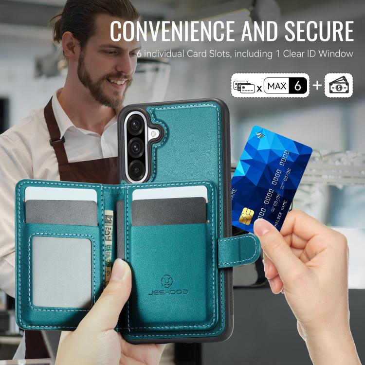 Funda de cuero con hebilla magnética para Samsung Galaxy A56 5G JEEHOOD J09, con ranuras para tarjetas, MagSafe, RFID (verde)