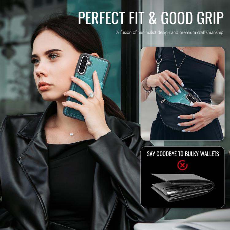 Funda de cuero con hebilla magnética para Samsung Galaxy A56 5G JEEHOOD J09, con ranuras para tarjetas, MagSafe, RFID (verde)