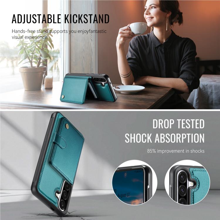 Funda de cuero con hebilla magnética para Samsung Galaxy A56 5G JEEHOOD J09, con ranuras para tarjetas, MagSafe, RFID (verde)