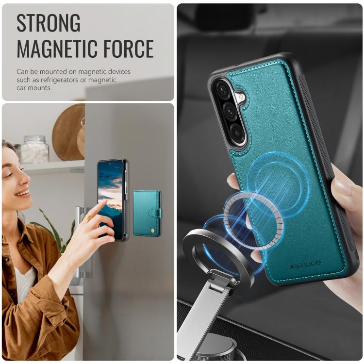 Funda de cuero con hebilla magnética para Samsung Galaxy A56 5G JEEHOOD J09, con ranuras para tarjetas, MagSafe, RFID (verde)