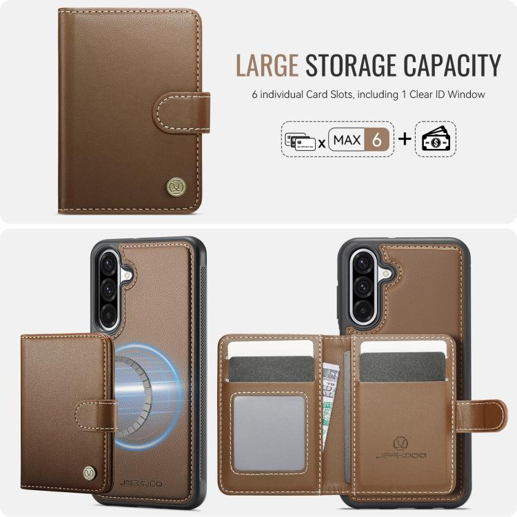 Funda de cuero con hebilla magnética para Samsung Galaxy A56 5G JEEHOOD J09, con ranuras para tarjetas, MagSafe, RFID (marrón)