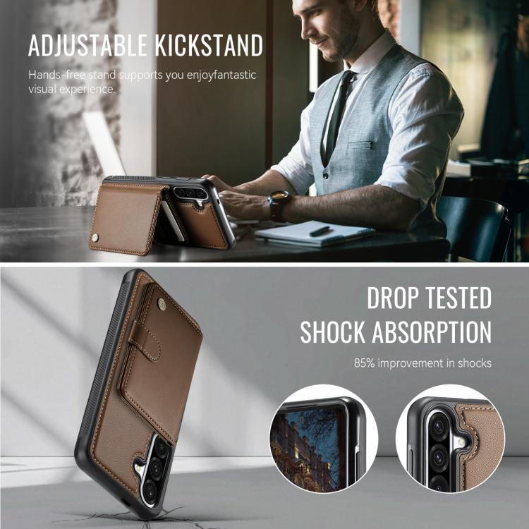 Funda de cuero con hebilla magnética para Samsung Galaxy A56 5G JEEHOOD J09, con ranuras para tarjetas, MagSafe, RFID (marrón)