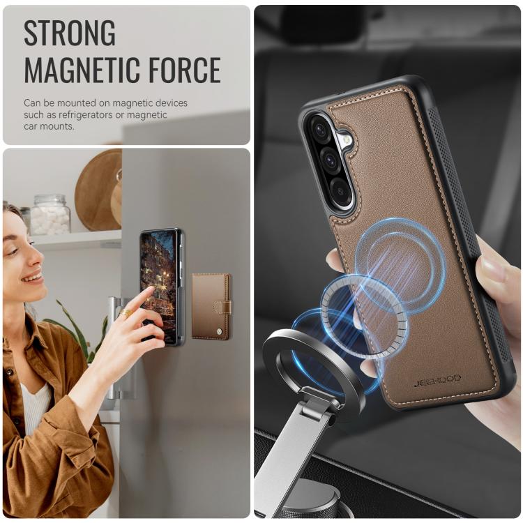 Funda de cuero con hebilla magnética para Samsung Galaxy A56 5G JEEHOOD J09, con ranuras para tarjetas, MagSafe, RFID (marrón)