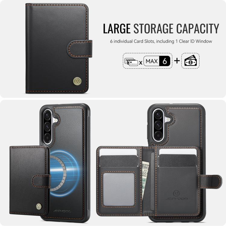 Funda de cuero con hebilla magnética para Samsung Galaxy A56 5G JEEHOOD J09, con ranuras para tarjetas, MagSafe, RFID (negro)