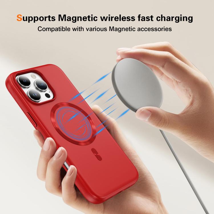 Funda híbrida de TPU y PC Magsafe con textura de CD original para iPhone 16 Pro (roja)