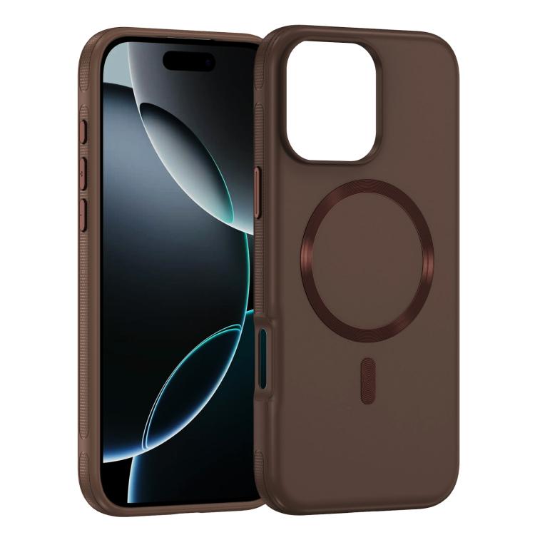 Funda híbrida de TPU y PC Magsafe con textura de CD original para iPhone 16 Pro (café)