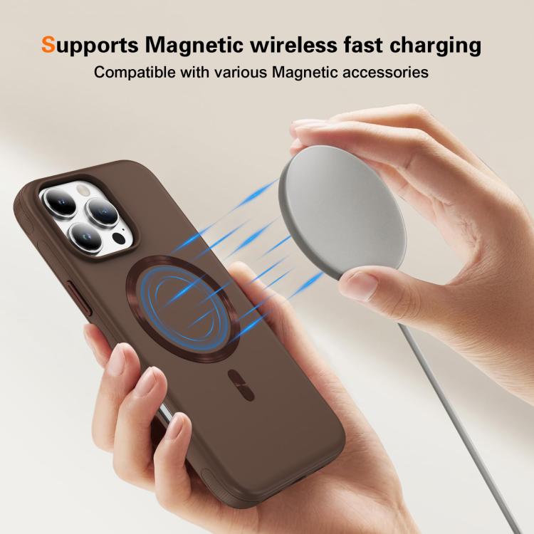 Funda híbrida de TPU y PC Magsafe con textura de CD original para iPhone 16 Pro (café)