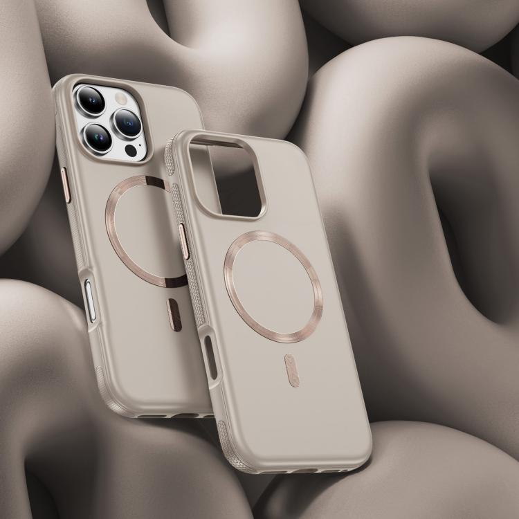 Funda híbrida de TPU y PC Magsafe con textura de CD original para iPhone 16 Pro (beige y gris)
