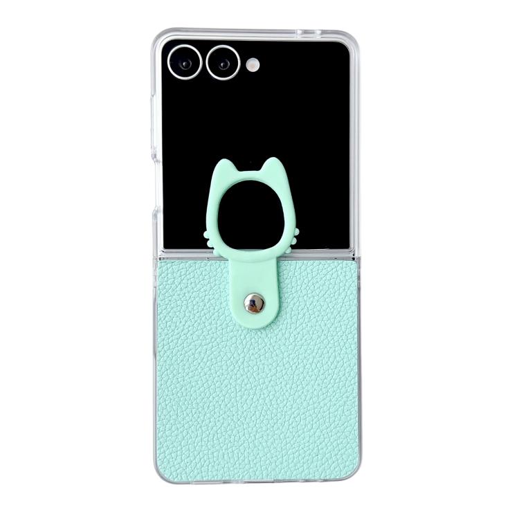 Funda de poliuretano termoplástico (PU) y policarbonato con marco transparente y soporte para anillo para Samsung Galaxy Z Flip7 5G (verde menta)