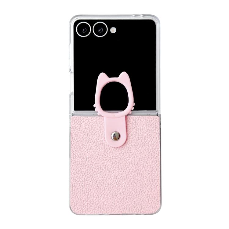 Funda de poliuretano termoplástico (PU) y policarbonato con marco transparente y soporte para anillo para Samsung Galaxy Z Flip7 5G (rosa)