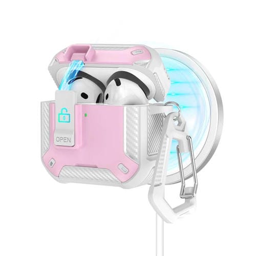 Estuche magnético MagSafe de dos colores para AirPods 4 con soporte y cierre de seguridad (blanco y rosa)